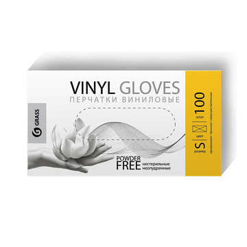 Перчатки виниловые одноразовые  GRASS .Непудренные .Прозрачные Размер S/ 100 шт.