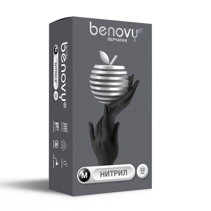 Перчатки нитриловые н/о BENOVY М 50 пар черные/10