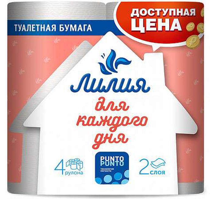 Туалетная бумага 2 сл. 4 рул. / 12, белая (Лилия)