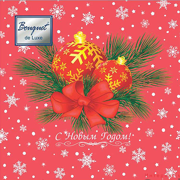 Салфетки Bouquet de Luxe "Новогодние шары на красном" 24х24 ,3 слоя .25л /вл.15