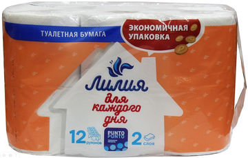 Туалетная бумага 2 сл. 12 рул. / 8, белая (Лилия)