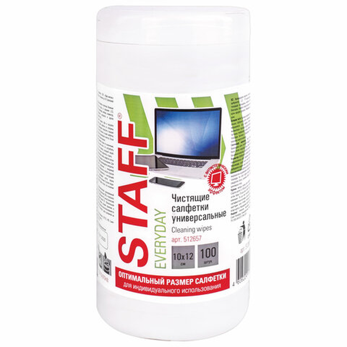 Салфетки для экранов, стекол и пластика универсал STAFF EVERYDAY,10х12см, туба 100шт,влажные