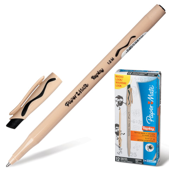 Ручка стираемая шариковая, черная, корпус бежевый, 1,2мм линия 1мм