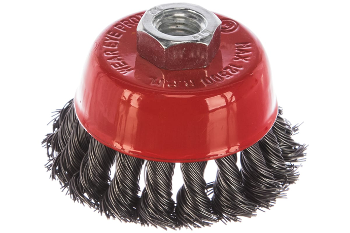 Корщетка тип чашка гайка М14, стальная витая проволока, 75мм