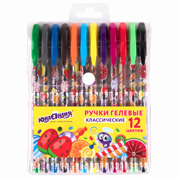 Ручки гелевые ЮНЛАНДИЯ, набор 12 цветов, корпус с печатью, узел 0,5мм,линия 0,35мм