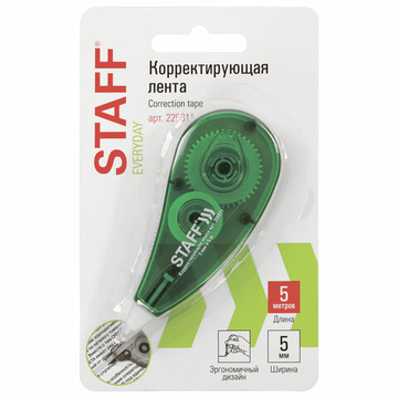 Корректирующая лента STAFF, 5мм х 5м, корпус зеленый, блистер