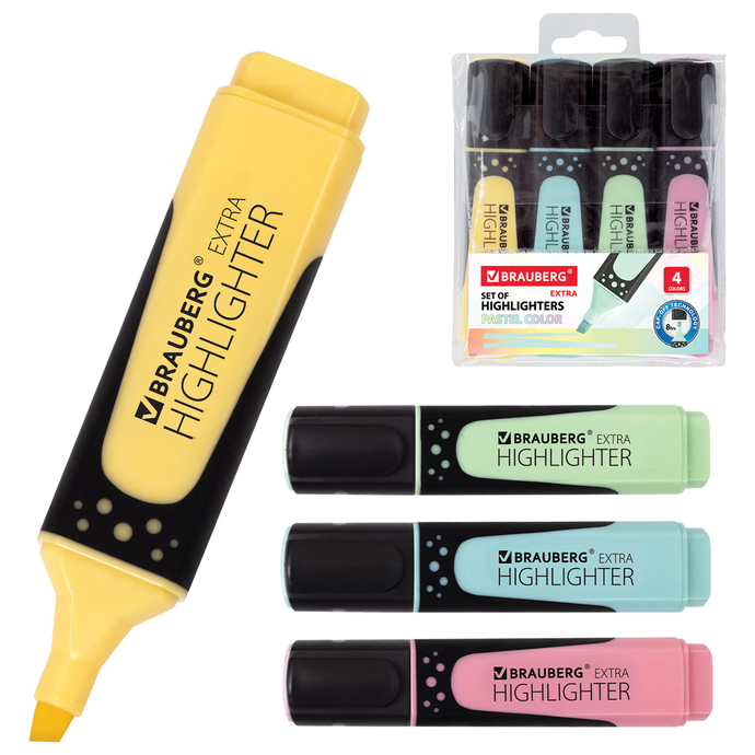 Набор текстовыделителей BRAUBERG 4 шт., АССОРТИ, "EXTRA PASTEL", прорезиненный корпус, линия 1-5 мм