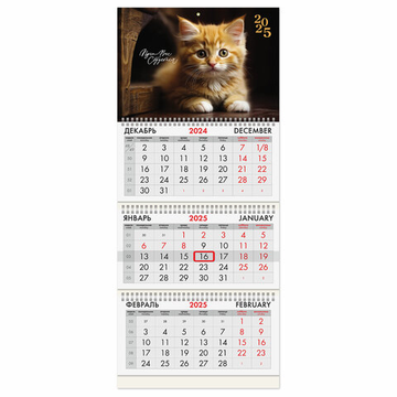 Календарь квартальный на 2025 г., 3 блока, 3 гребня, с бегунком, офсет, BRAUBERG, "Котенок"