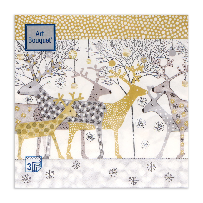 Салфетки Art Bouquet 33*33, 3хсл, 20л. "Новогодние олени.Золото,"/12