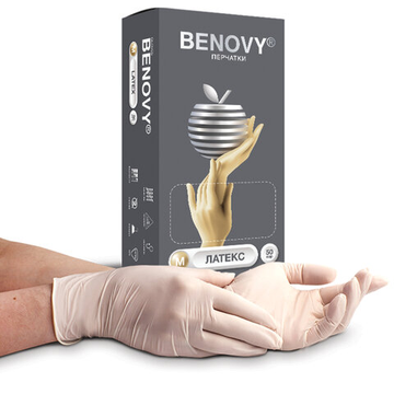 Перчатки латексные смотровые 50 пар (100 шт.), размер М (средний), BENOVY Latex Chlorinated
