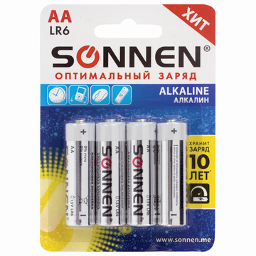 Батарейки 4 шт SONNEN Алкалиновые АА (LR6,15A) пальчиковые