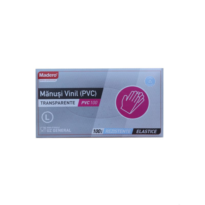 Перчатки виниловые неопудрен прозр  (L)  100 шт. Madero