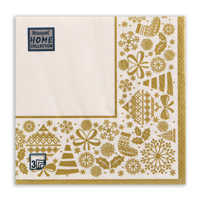 Салфетки 20л, Bouquet Home Collection Classic, 3хсл., "Новогодняя скатерть золото на белом"/12