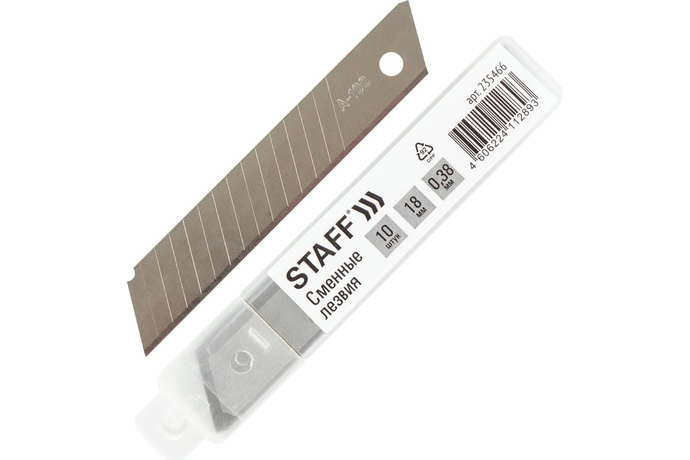 Лезвия для ножей 18 мм, Компл-т 10 шт, толщина 0,38 мм, в пластиковом пенале