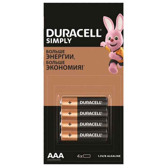 Батарейки КОМПЛЕКТ 4 шт. (отрывной блок), DURACELL Simply, ААА (LR03, 24А), алкалиновые, мизинч