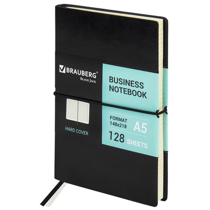 Блокнот А5 (148*218мм) 128 л.кожзам, клетка, резинка, черный Brauberg