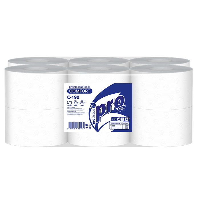 Бумага туалетная  PRO 1 слой 200 м/12 вл С190 задвоение
