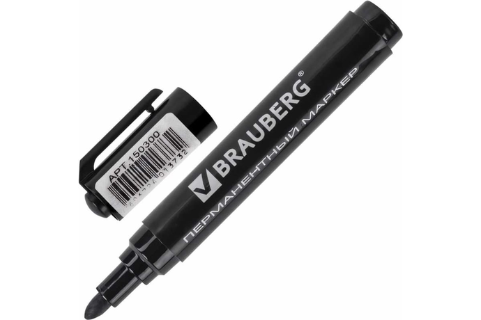 Маркер перманентный BRAUBERG "Classic", ЧЕРНЫЙ, круглый наконечник, 3 мм, с клипом, 150300
