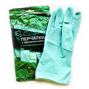 Перчатки МНОГОРАЗОВЫЕ латексные с ароматом АЛОЭ зеленые, х/б напыление, размер 7-8, M, 609364