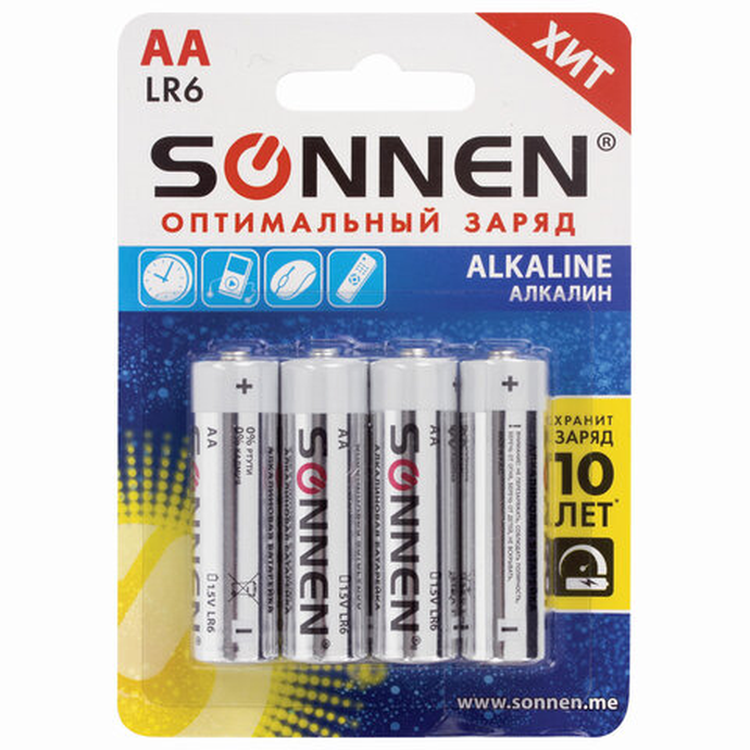 Батарейки 4 шт SONNEN Алкалиновые АА (LR6,15A) пальчиковые