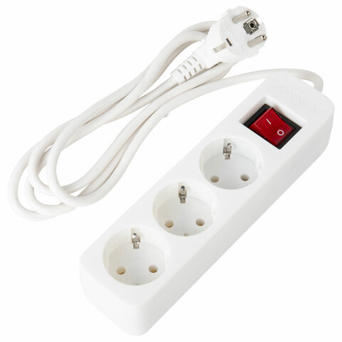 Удлинитель сетевой SONNEN PSW-183, 3 розетки c заземлением, выключатель 10 А, 1,8 м, белый