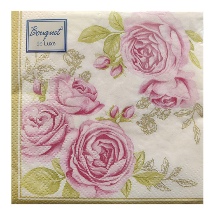 Салфетки бумажные декоративные Bouquet de Luxe 24х24 3 слоя 25л. "Роза с золотыми листьями" /15