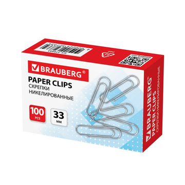 Скрепки BRAUBERG, 33 мм, никелированные, 100 шт., в картонной коробке