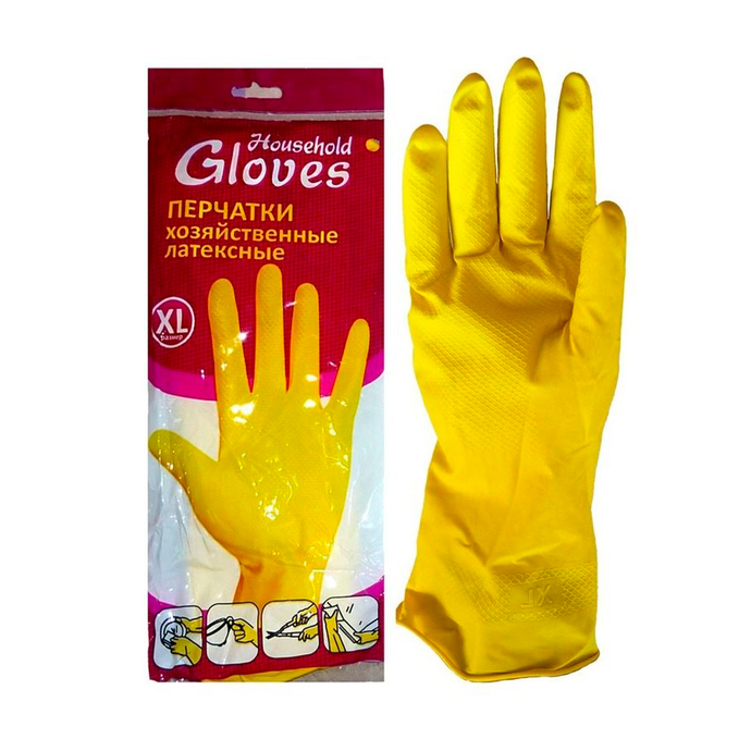 KHL004Е Перчатки Household Gloves,латексные хозяйственные, желтые ХL