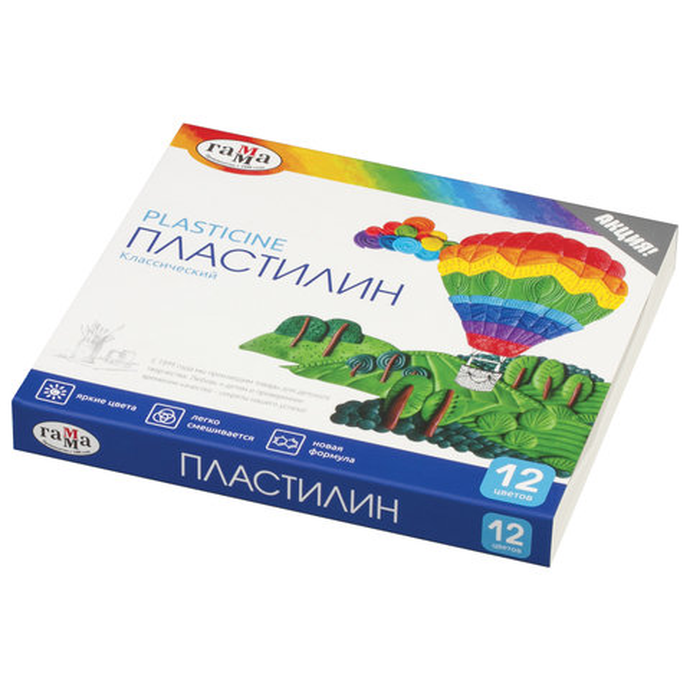 Пластилин классический ГАММА "Классический", 12 цветов, 240 г, со стеком, картонная упаковка