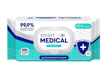 Дезинфицирующие салфетки спиртовые 100шт. SMART MEDICAL. Крышка клапан