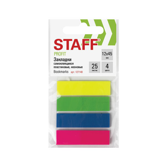 Закладки клейкие STAFF НЕОНОВЫЕ, пластиковые, 12х45 мм, 4 цвета х 25 листов, европодвес, 127148