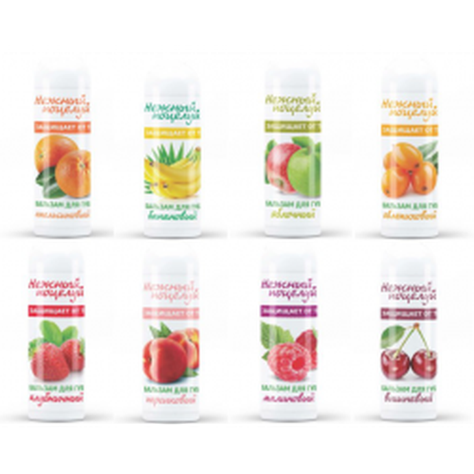 Бальзам д/губ Нежный поцелуй  МИКС  (яблочный, малиновый, банановый, облепиховый) 16*96