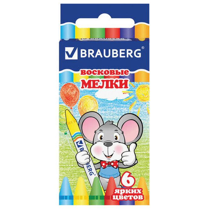 Восковые мелки BRAUBERG, НАБОР 6 цветов
