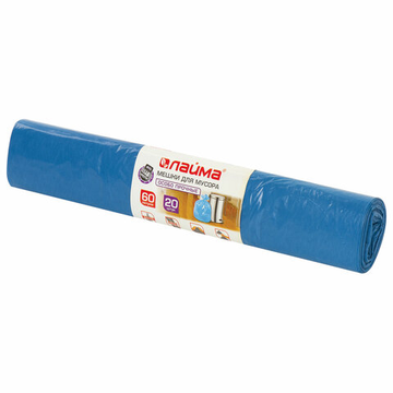 Мешки для мусора 60л синие в рулоне 20 шт особо прочные, ПВД 30 мкм, 60*70, ЛАЙМА