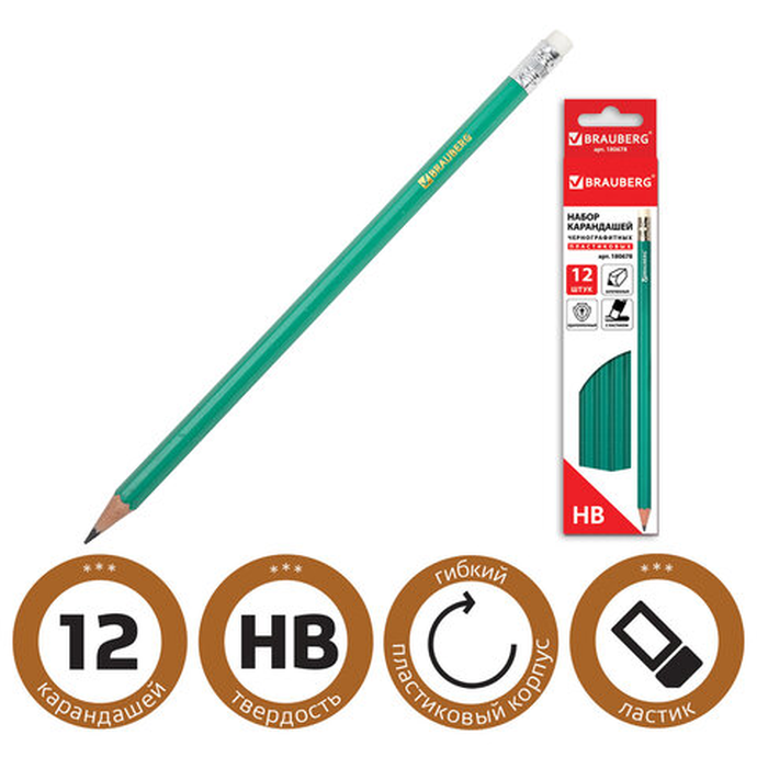 Карандаши чернографитные, 12 шт. с резинкой, пластик. зеленый корпус