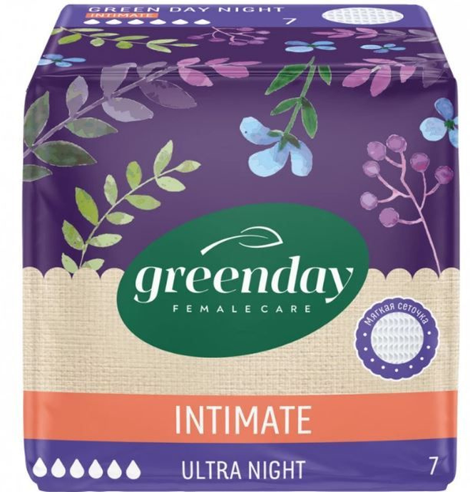 Прокладки женские INTIMATE GREEN DAY 7 шт Ultra NIGHT  Dry  *24