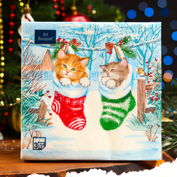 Салфетки Art Bouquet 33*33, 3хсл, 20л. "Новогодний подарок Котята ", 3хсл./12
