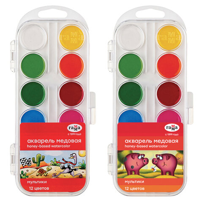Краски акварельные ГАММА "Мультики NEW", 12 цветов, медовая, пластиковый корпус, европодвес