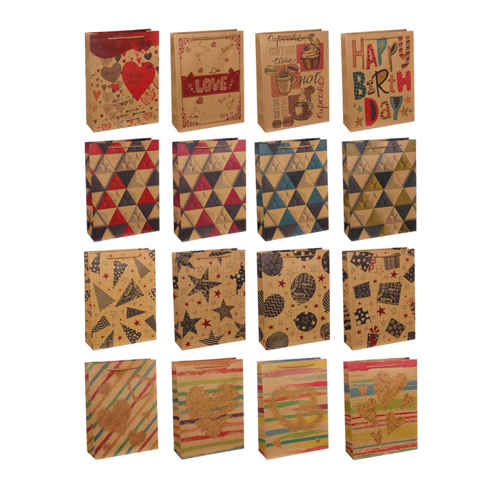 Пакет подарочный бумажный, крафт, 23,5х31,5х8,5 см, 16 дизайнов