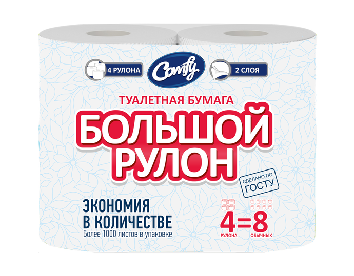 Туалетная бумага Comfy "Большой рулон" 2 сл. 4 рул./вл.9