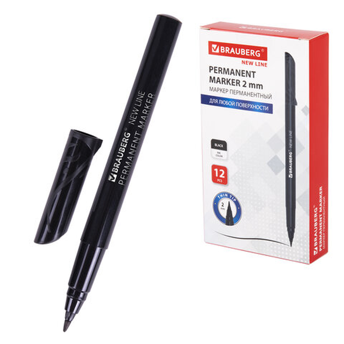 Маркер перманентный BRAUBERG NEW LINE, ЧЕРНЫЙ, круглый наконечник 2 мм