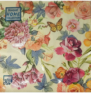 Салфетки бумажные декоративные 20л, Bouquet Home Collection Classic, 3хсл., "Красивые цветы.Кремовый