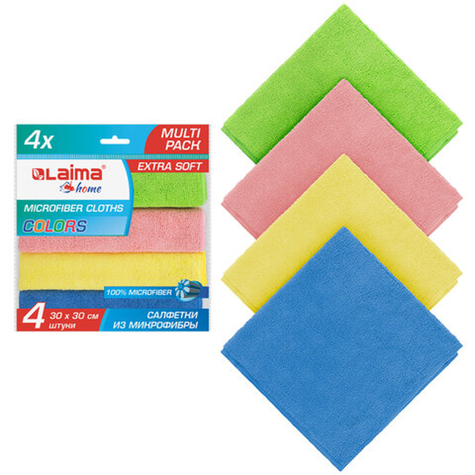 Салфетка из плотной микрофибры 30х30 см "MULTI PACK PRO COLOUR 30", КОМПЛЕКТ 4 шт., 280 г/м2, LAIMA