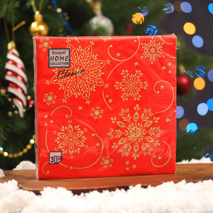 Салфетки 20л, Bouquet Home Collection Classic, 3хсл., "Волшебные снежинки на красном"/12