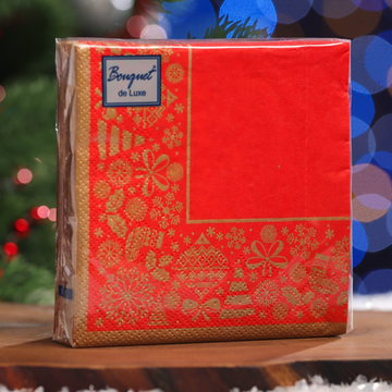 Салфетки Bouquet de Luxe "Новогодняя скатерть Золото на красном" 24х24 ,3 слоя .25л /вл.15