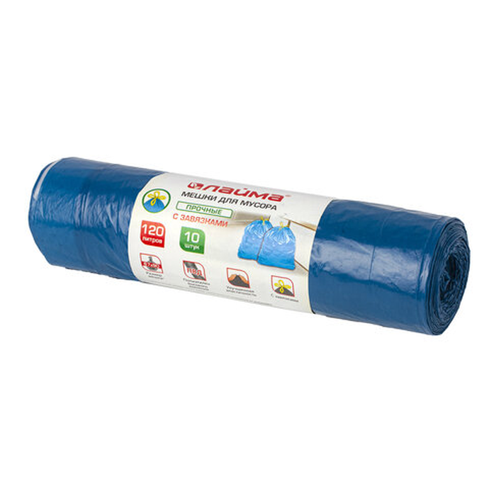 Мешки для мусора с завязками 120 л. синие, в рулоне 10 шт., прочные, ПВД 35 мкм, 67х90 см, LAIMA