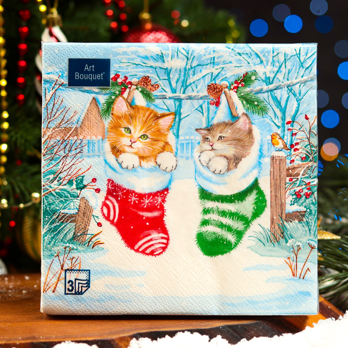 Салфетки Art Bouquet 33*33, 3хсл, 20л. "Новогодний подарок Котята ", 3хсл./12