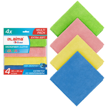 Салфетка из плотной микрофибры 30х30 см "MULTI PACK PRO COLOUR 30", КОМПЛЕКТ 4 шт., 280 г/м2, LAIMA