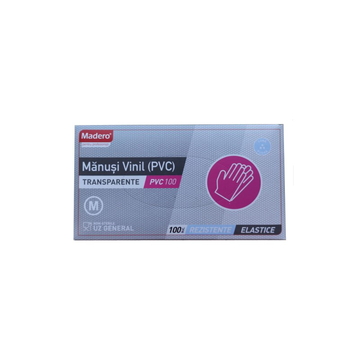 Перчатки виниловые неопудрен прозр M (100шт/упак) Madero