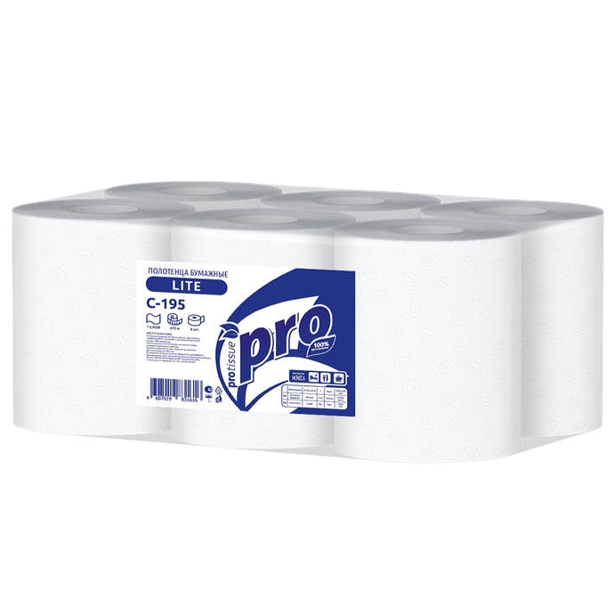 Полотенца бумажные с центр. вытяжкой PRO 1 слой, 275 м, h- 20 см, вл.6 С396 (ПП519-1ФОР6)